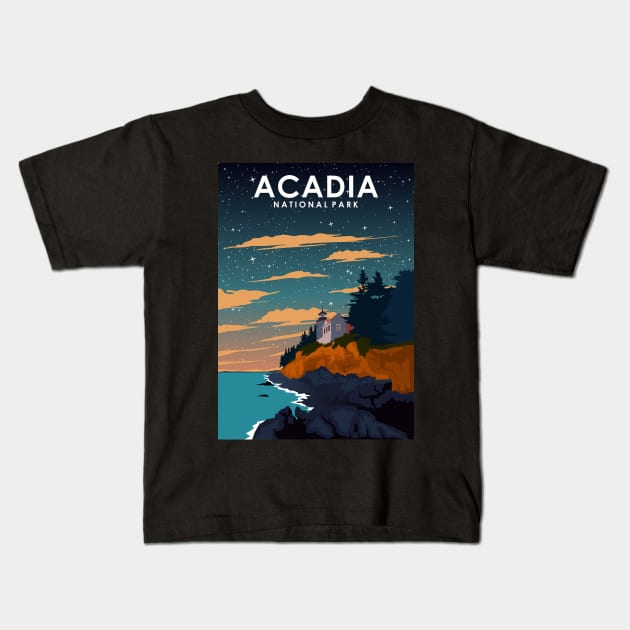 Acadia National Park at Night Vintage Minimal Retro Travel Poster Kids T-Shirt by jornvanhezik